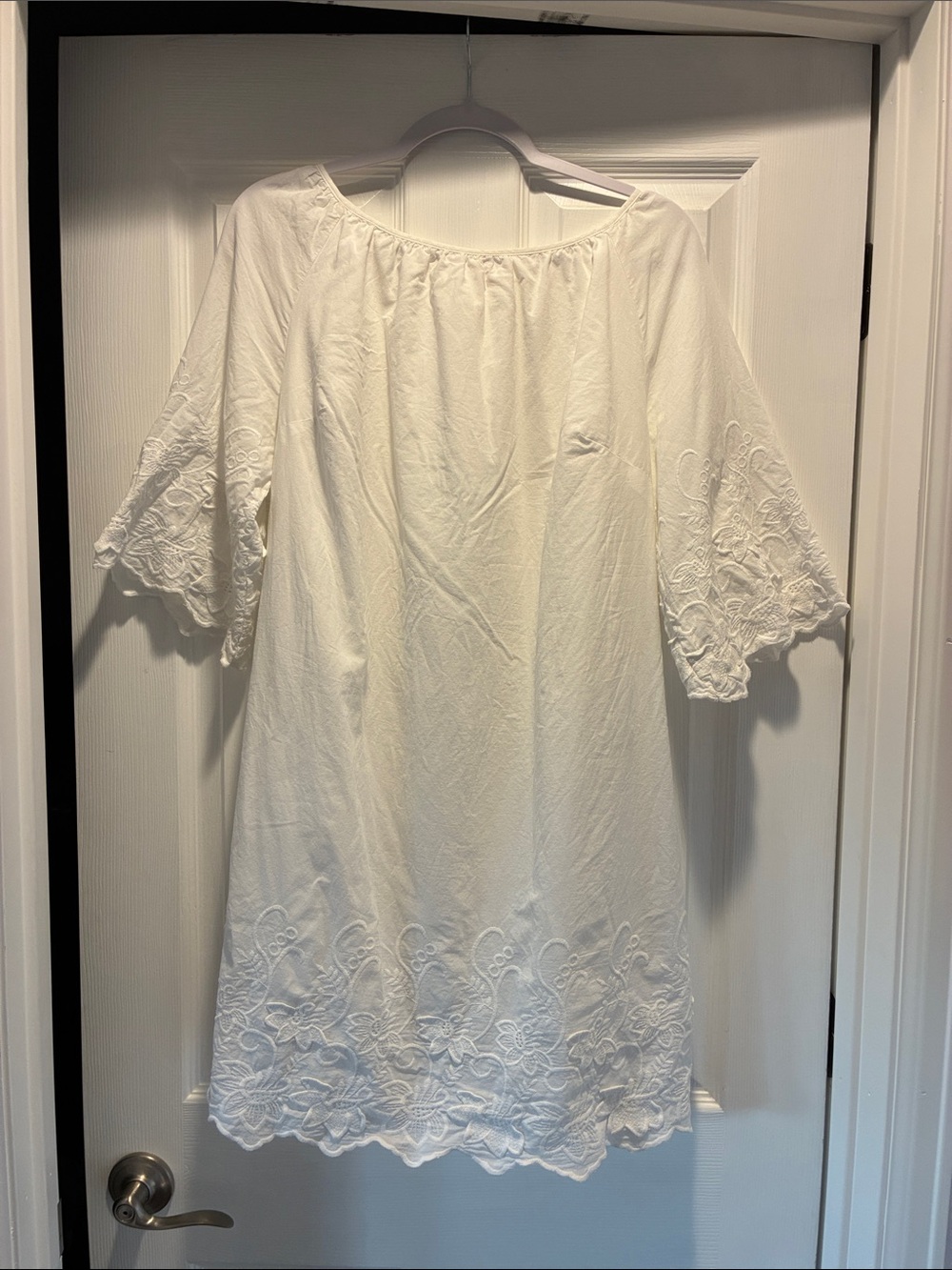 Maternity White Embroidered Women’s Mini Peasant Dress With Tie Back